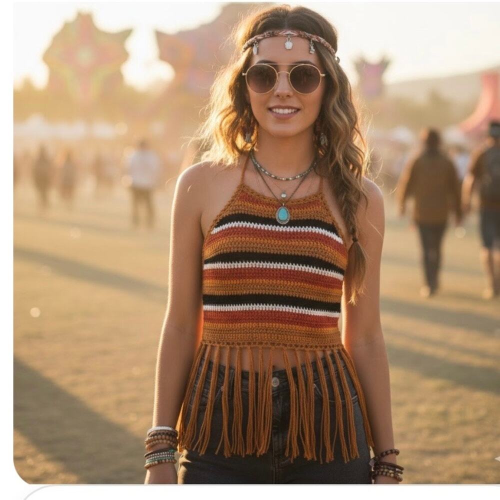 Festival Crochet Fringe Halter Top Coachella Boho Hippie Party Forever 21 M/L